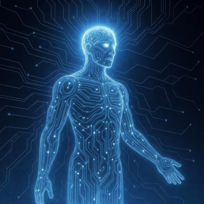 Glowing Blue Cybernetic Human Figure