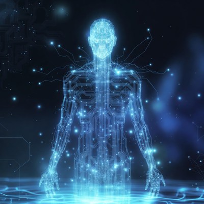 Glowing Blue Cybernetic Human Figure
