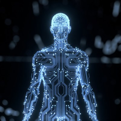 Glowing Blue Cyber Human Figure