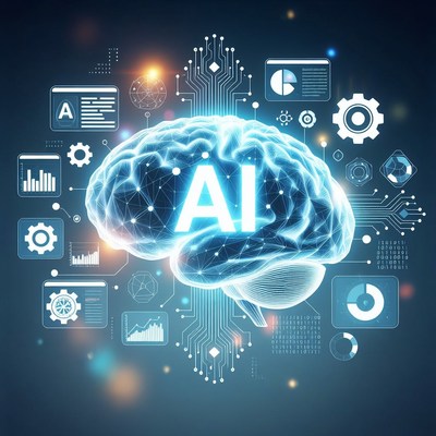 Glowing AI Brain with Tech Elements