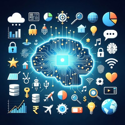 Glowing Brain with Tech Icons