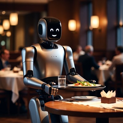 Robot waiter serving salad in restaurant