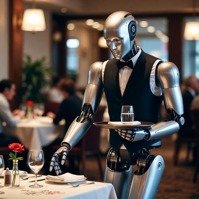Robot waiter serving water in restaurant