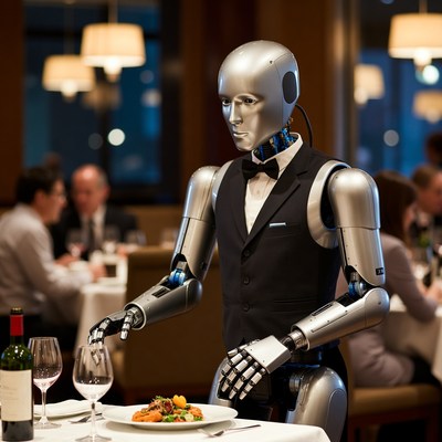 Robot waiter serving food in restaurant