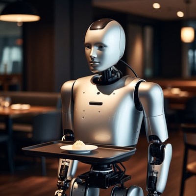 Robot waiter holding tray with dumpling