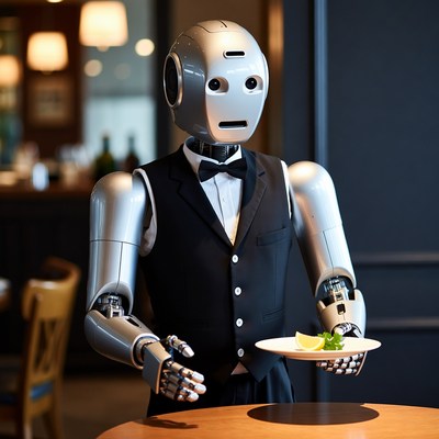 Robot waiter holding plate lemon