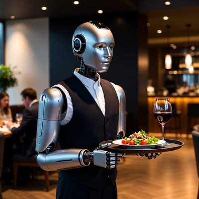 Robot waiter serving salad plate