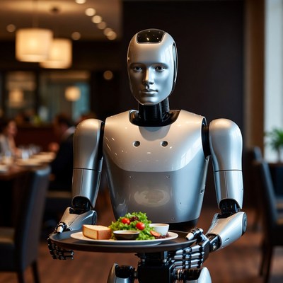 Robot serving salad plate in restaurant