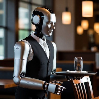 Robot waiter serving water glass