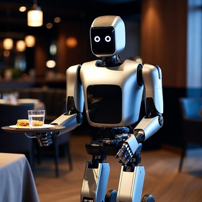 Robot waiter serving sandwich and water