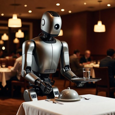 Robot waiter serving dish in restaurant