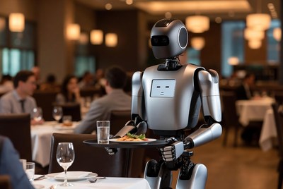 Robot waiter serving food in restaurant