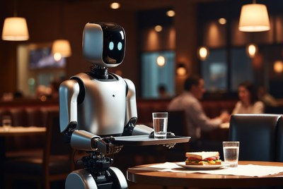 Robot serving sandwich and water