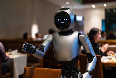 Silver Humanoid Robot in Restaurant
