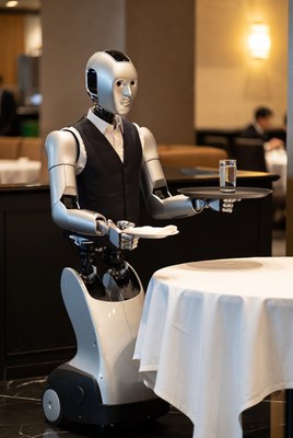 Robot waiter serving tray in restaurant