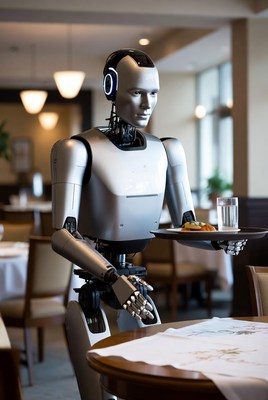 Robot waiter serving tray in restaurant