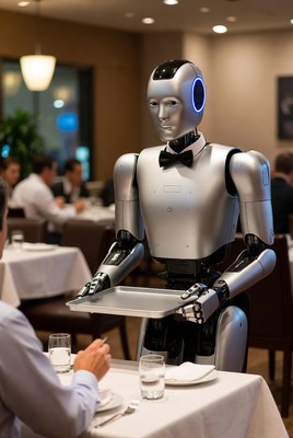 Robot waiter serving man in restaurant