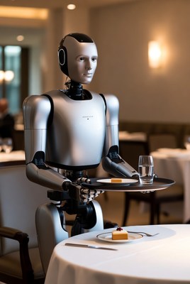 Humanoid robot serving cake on tray
