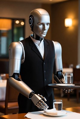 Robot waiter holding tray glass