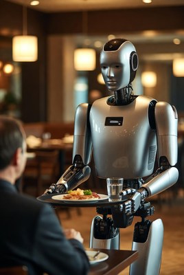 Robot waiter serving man in restaurant