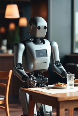 Robot eating at restaurant table