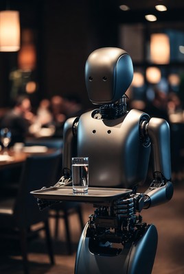 Robot waiter holding water glass