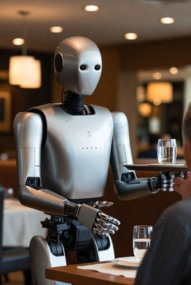 Silver robot serving drinks in restaurant