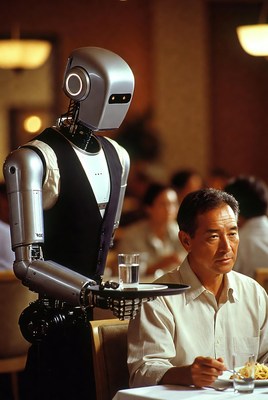 Robot waiter serving Asian man in restaurant
