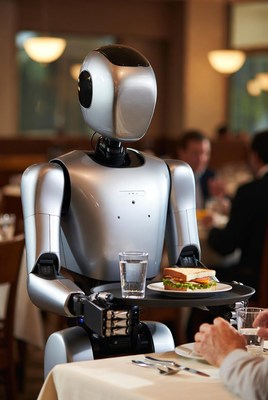 Robot serving sandwich in restaurant