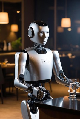 Humanoid robot eating in restaurant