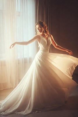 Woman twirling in white wedding dress