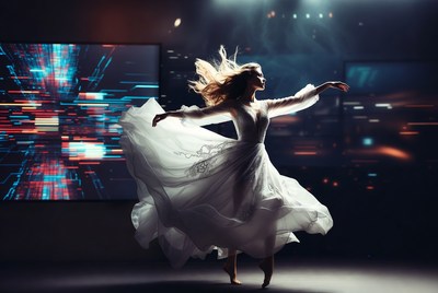 Blonde woman dancing in flowing white dress