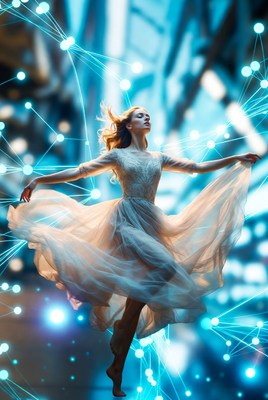 Woman dancing in neon cyber network