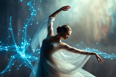 Woman dancing with blue light trails