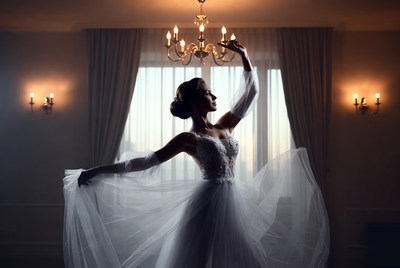 Woman dancing in flowing white gown