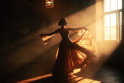 Woman dancing in flowing gown silhouette