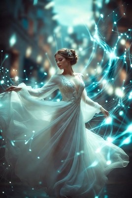 Woman in flowing white dress with blue lights