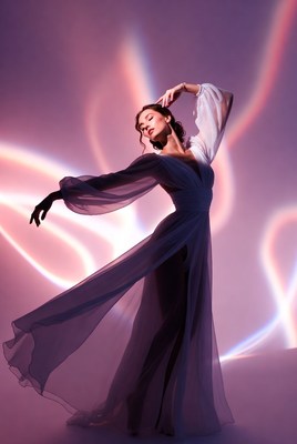Woman dancing in flowing purple gown
