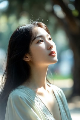 Asian woman looking up in sunlight