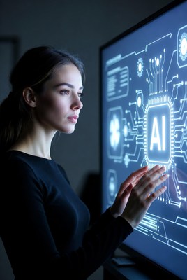 Woman interacting with AI screen