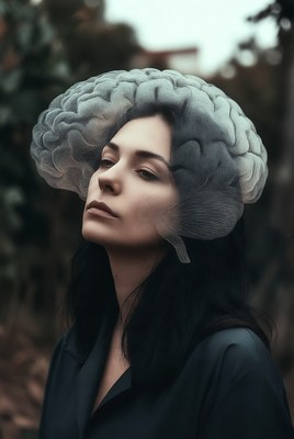 Woman wearing brain-shaped hat outdoors