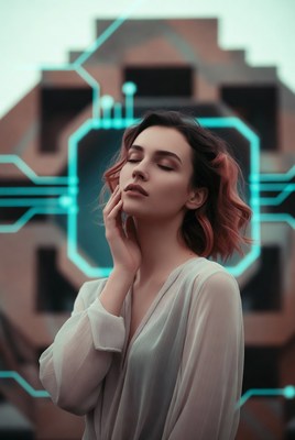 Woman touching face with cyberpunk neon background