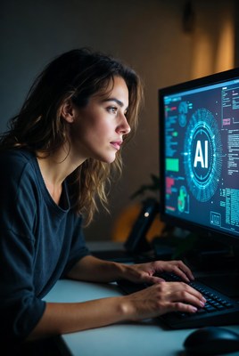 Woman working on AI computer at night