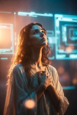 Woman praying with holographic screens