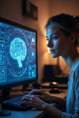 Woman working on AI computer screen