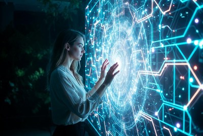 Woman interacting with holographic display