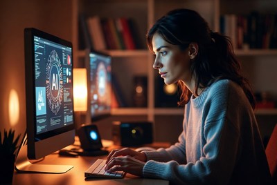 Woman working on AI computer at night