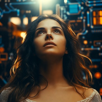 Woman gazing upward in cyberpunk circuit background