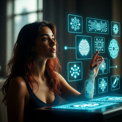 Woman Interacting with Holographic Tech Icons