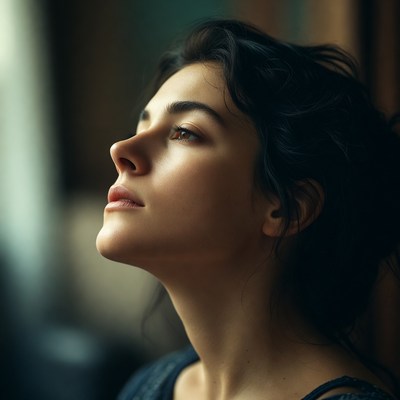 Woman with dark hair looking up